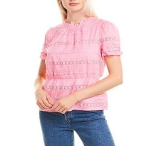 NEW J Crew Daisy Chain Peplum cotton Lace trim puff short sleeve Women's Blouse